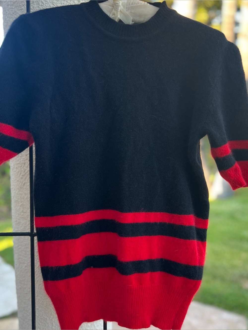 1980s Vintage Evan-Picone Women’s Black and Red Striped Crewneck Sweater, Size S